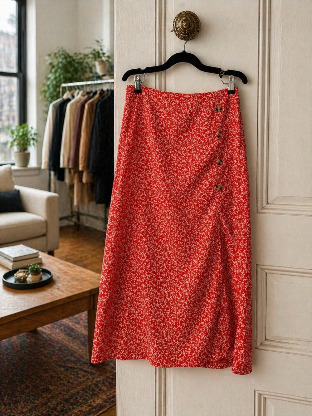 Red Floral Midi Skirt | Lightweight Summer Skirt | Size M